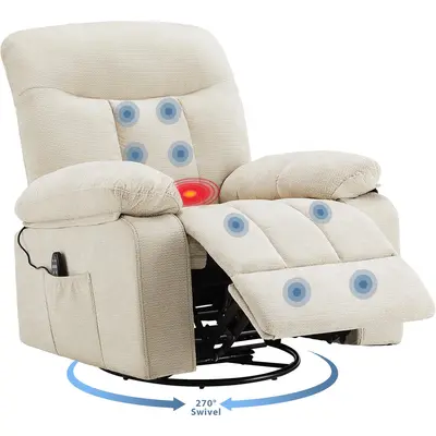 【Summer Sale】Rocker Recliner Chair, Swivel Recliner with Vibration Massage & Lumbar Heating, 270° Rotating Chenille Fabric Recliner with footrest for Living Room & Bedroom