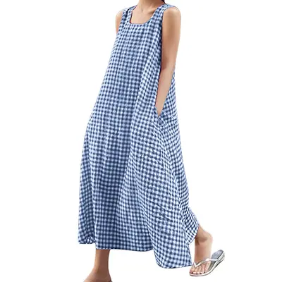 Chouyatou Women's Summer Sleeveless Spaghetti Strap Plaid Cotton Long Dress, Bohemian Style Casual Loose U-Neck Beach Dress with Pockets SpringStatements Womenswear