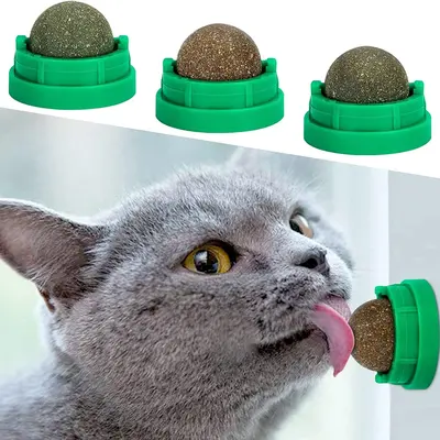 Catnip Toys Balls 4 PCs Edible Silvervine for Cats, Lickable Kitten Energy Balls, Dental Chew for Healthy Teeth Cleaning, Cat Wall Treats Green/Grey.