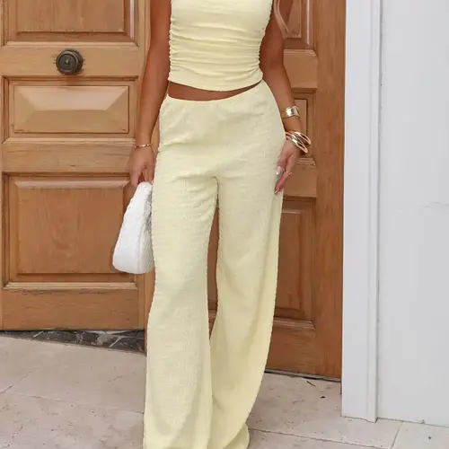 Women's High-Waisted Fitted Top & Wide-Leg Trouser Pants Two-Piece Set Outfit, Casual Plain Basic Design, Long Pants & Top Combo, Daily Wear, Womenswear