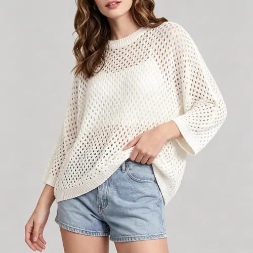 Shewin Women Round Neck 3/4 Sleeve Open Knit Sweater Loose Breathable Beach Cover Up Casual Top DealsForYouDays,summerwins,summeroutfits,vacationoutfits,beachoutfits Lightweight Knit Pullover Knit Tops Womenswear Knitwear Crewneck