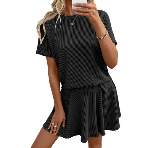 EVALESS Women's 2 Piece Sets Ribbed Knit Short Sleeve Tops & Lined Pleated Mini Skirt Lounge Sets Comfy Summer Outfits Soft Tracksuit Basic Casual Womenswear Deals For You Days summer outfits