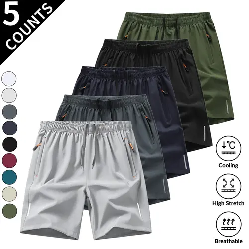 5-Pack, Men's Solid Color Zipper Pocket Shorts - Summer Casual Comfortable Breathable Three-Quarter Pants, Men's Everyday Bottoms, Tropical Beige, 5-Pack SpringStatements Clothes Clothes Menswear Plain,summerwins