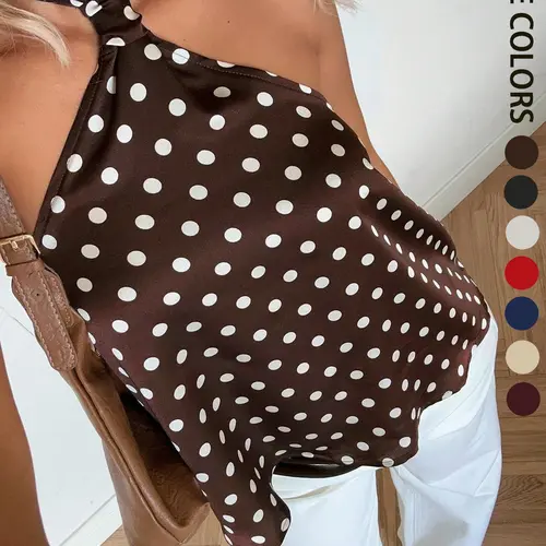 Women's Chocolate Brown Halter Tie Polka Dot Top, Elegant Chic Halter Neck Sleeveless Tank Camisole Top for Summer Parties and Casual Outings Cami Top