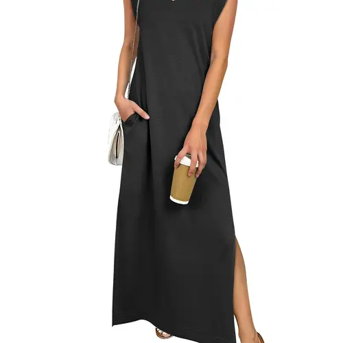 ANRABESS Women Summer Casual Sleeveless Maxi Dress 2026 Crewneck Loose Split Wrinkle-Free Beach Travel Vacation Long Sundress