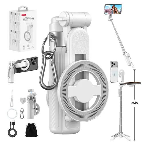 Upgraded Magnetic Selfie Stick with 360° Rotatable Bracket. It extends up to 25 inches, works with both iPhone and Android, and is ideal for selfies, live streaming, store tours and short video shooting.