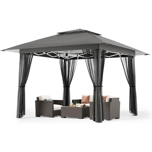 Gizoon 13x13 Heavy Duty Pop Up Outdoor Shade Canopy Tent with Mosquito Netting, Patio Sunshade Canopy with Adjustable Shade, 4 Sandbags, 8 Stakes, 4 Ropes, Roller Bag for Lawn Backyard