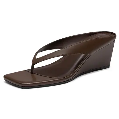 Athlefit Women's Low Wedge Sandals Trendy Dressy Square Open Toe Summer Beach Flip Flops Thong Heeled Sandals