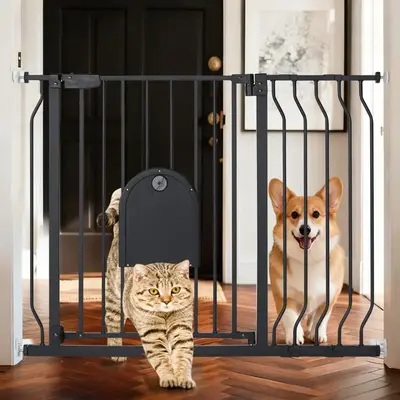 BIOBY 30" Tall Pet Gate for Cats, 29.5-43.7" Extra Wide Cat Gate with Adjustable Cat Door, Pressure Mounted Easy Walk Through Pet Gate with Door for Stairs, Doorways, Kitchen, Baby Gate
