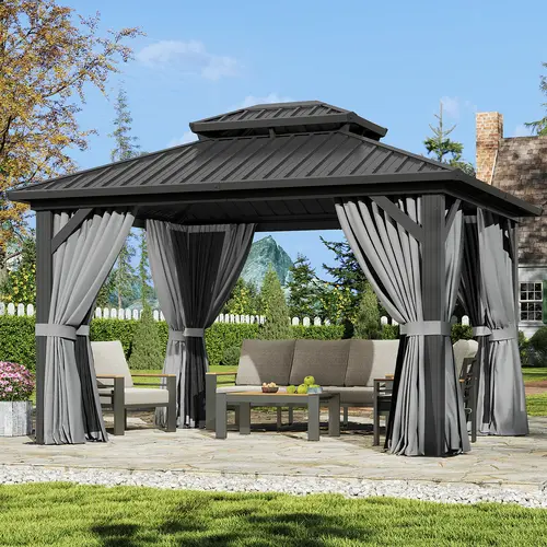 【2 Packages ship separately】Aoxun 12'x10' Hardtop Gazebo Aluminum Frame Galvanized Double Roof Canopy with Netting & Curtains for Garden Patio Storage Shed,campingessentials,outdoorfurnitureset,campinggear