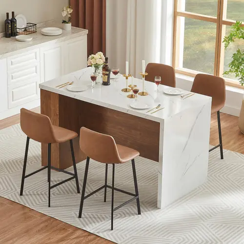 【DealsforYou】ONBRILL 61"x31" Large Wood Top Kitchen Island Table, Whole Board Tabletop with Storage Space, Power Outlet, LED Lights, Easy Setup Modern Imitation Marble Counter Height Dining Table for 4, For Four