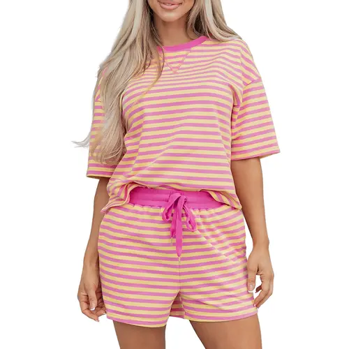 Asvivid Women's Stripe Two Piece Set Drop Shoulder Casual T Shirt & Short Set - 2 Pieces Set Versatile Summer Outfit Clothes Matching Breathable#DealsForYouDays