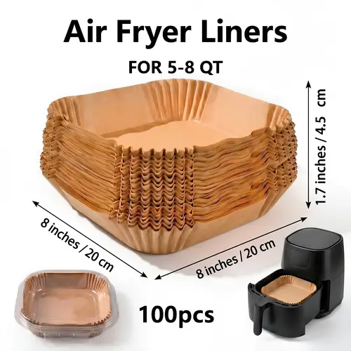 100pcs Square Nonstick Air Fryer Paper Liners (8in) - Thick Double-Sided Silicone Oil Disposable Parchments, Waterproof Kitchen Supplies for 5-8 qt Air Fryers, Food Trays, Bakeware, Water Proof