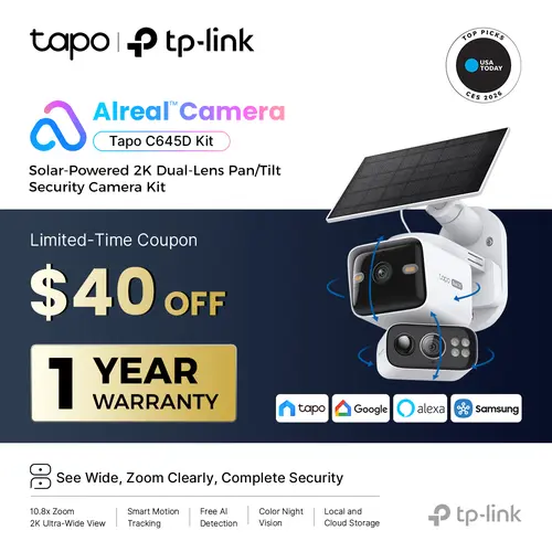 TP-Link & Tapo  C645D KIT Dual Lens Pan/Tilt Security Battery Camera Wireless w/Solar Panel, 2K 3MP 165° Wide-Angle + 6mm Telephoto, Free Person/Vehicle Detection, 360° Pan, SD/Cloud Storage, Works w/Alexa & Google  #SummerWins #DealsForYouDays