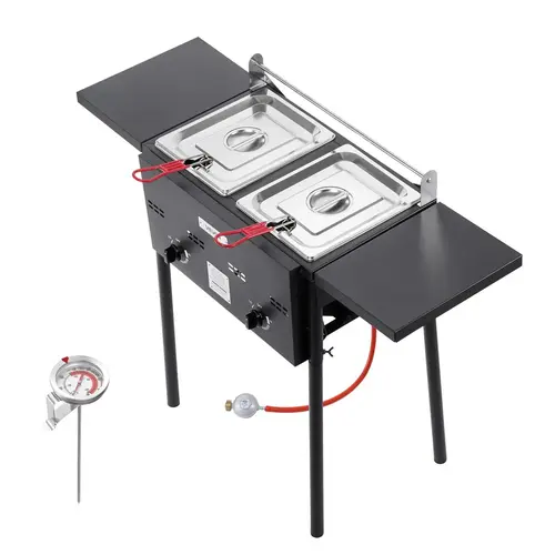 【DealsForYouDays】VEVOR 8QTx2 Outdoor Propane Deep Fryer Commercial Free Standing Cooker Two Tank