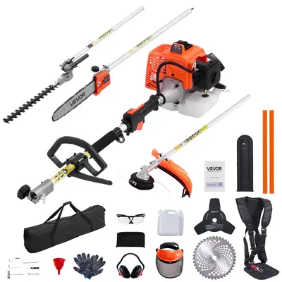 【fathersdaygift】VEVOR Gas Hedge Trimmer, 2 Cycle Gas Power Handheld Hedge Trimmer, 5-in-1 63cc Cordless Weed Eater with Protective Gear Set, Includes Hedge and String Trimmer, Brush Cutter(3T & 40T Blades), Pole Saw