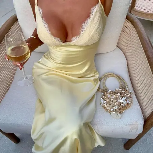 Women's Strapless Dress, Backless Sexy Feminine Summer Flowy Fit Long Dress, Fashion Cross Tie Lace Trim A-Line Dress, Perfect for Dates, Vacations, Travel, Beach