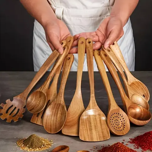 10-Piece Natural Wood Kitchen Utensil Set, Wooden Cooking Utensils with Ergonomic Handles, Heat-Resistant, Includes Spoons & Spatulas, Ideal for Induction Cooktops #GLOBAL PICKS