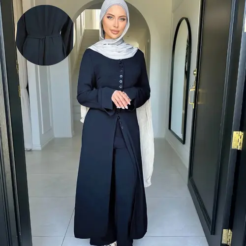 Islamic Muslim Modesty Wear Crepe Button Tunic and Pants Set Abaya Style Outfit