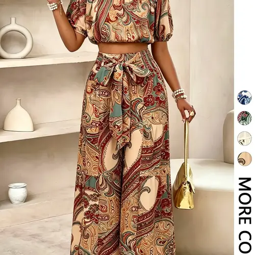 Women's Summer Paisley Print Bohemian Vintage Chic Vacation Two-Piece Set Outfit, Off-Shoulder Bubble Sleeve Crop Top + High Waist Drawstring Wide Leg Pants