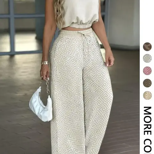 2-Piece Women's Casual Commuter Geometric Set, Womenswear Sleeveless Collared Waist-Defined Top with High-Waisted Drawstring Adjustable Wide-Leg Pants