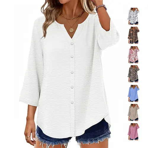 OFEEFAN Women V Neck 3/4 Sleeve Button Down Blouse Loose Business Casual Top Spandex