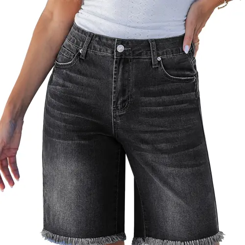 luvamia Jean Bermuda Shorts for Women Trendy Mid Rise Raw Hem Knee Length Stretchy Denim Long Shorts Summer Casual Jorts