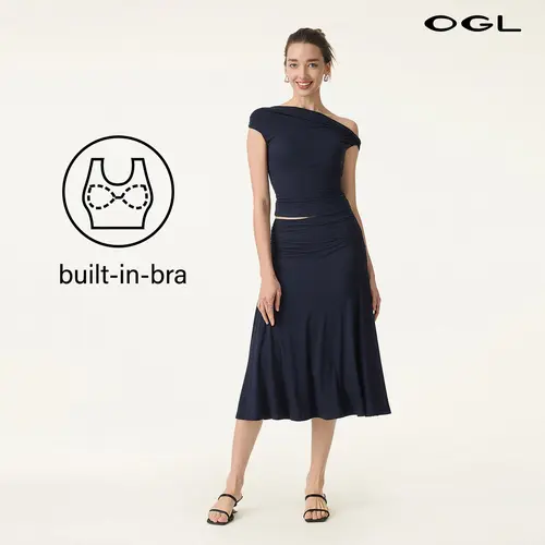 OGL Women's 2-Piece Matching Skirt Set - Multi-Wear Versatile Neckline Brami Top with Built-In Bra, Flowy Side Ruched A-Line Midi Skirt, SkinKiss Fabric for Summer, Cute 2-Piece Sets for Women's Clothes trendy fashion style trendy look