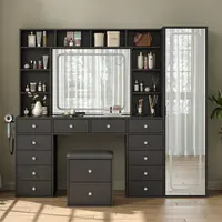 [Shipping by 3 Packages] FUSOU 2-in-1 Vanity Desk Live Flash Sale Full Length Mirror & LED Mirror with Power Outlet, Makeup Vanity 14 Drawers & 10 Shelves, Hidden Storage Capacity, Dimmable & 3 Color Lighting Dressing Table for Bedroom