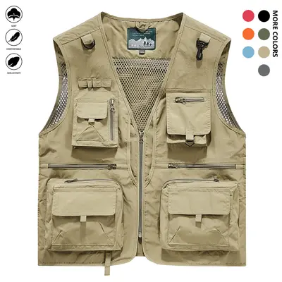 Men's Beige Menswear Basics Sleeveless Plain Polyester Lightweight All-Seasons Deep Cargo Vest-Jacket, Multi-Pocket Top with Zippered Panels, Machine Washable for Outdoor Workwear & Fishing