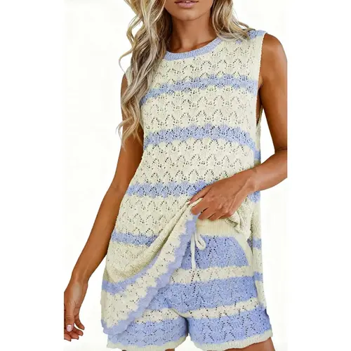 FISOEW Women's 2 Piece Set, Striped Crochet Knit Hollow Out Tank Top & Loose-Fitting Shorts, Bohemian Summer Beach Outfit, Tank Tops