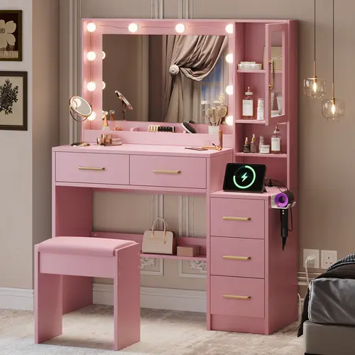 TOKSOM 35.44" Makeup Vanity-Cute, Mini-LED, Hollywood, Drawer-Style - White Vanity Table with Replaceable Lights, Charging Station, 5 Drawers, 1 Dust-Proof Cabinet, Open Storage Shelves for Girls' Bedrooms, Cute Makeup Vanities