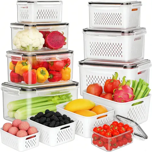 16 pcs Fruit Storage Containers (8 Colanders & 8 Storage box) for Fridge with Removable Colander, Airtight Food Storage Container Organiser Set Utensils with Lids  Kitchen Stackable,summerwins,campingessentials,campinggear