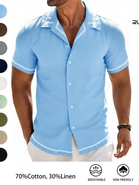 Runcati Mens Short Sleeve Shirt Button Down Casual Cuban Linen Shirts Summer Beach Vacation Tops  Father's Day Gift