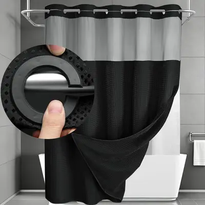 Black No-Hook Double Layer Waffle Weave Shower Curtain,  Water-Resistant Soft Fabric, Transparent Mesh Top Window & Removable Inner Liner, Stylish bathroom decor