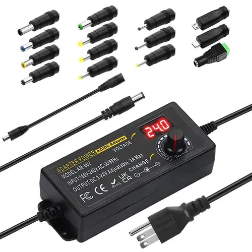 Universal Power Supply, Plug Converter, Adjustable from 3.5 to 24V at 2A, AC to DC Adapter, US Power Plug, Featuring an LCD Screen And Digital Display, Includes Reverse Polarity Wiring And 14 Connectors outdoorfun