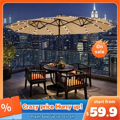 Yaheetech 2026 Upgrade Large Double-Sided Rectangle Patio Umbrella (15/13/9ft) with 36 Solar LED Lights & Crank, Umbrellas for Patio for Garden Pool Backyard