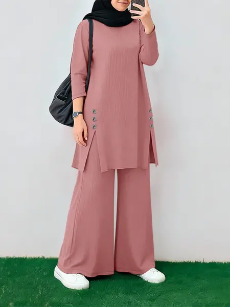 Women's Commuter Casual Modest Split Long Sleeve Tunic and Wide Leg Pants Two-Piece Set, Stylish Daily Wear, Comfortable and Trendy, Modesty Outfit