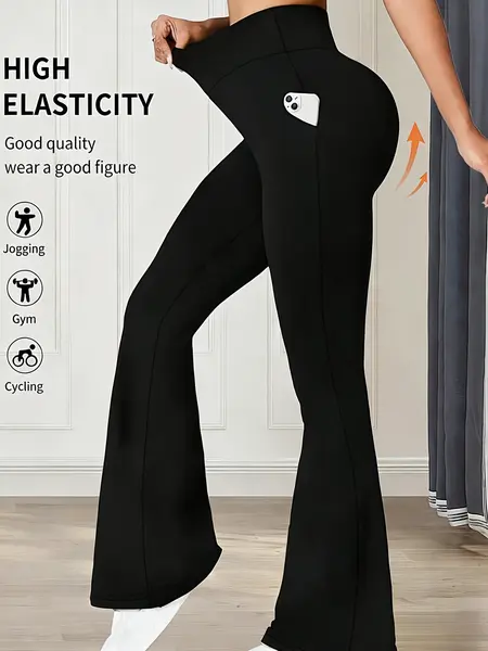 Women's High-Waisted Yoga Flare Stretch Pants - Elastic Fabric Gym Clothes with Pockets, Suitable for Casual Outings, Leisure Activities