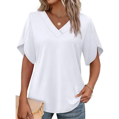 WIHOLL FASHION SwimWeek Womens Summer Tops Short Petal Sleeve Shirts Fashion V Neck Outfits Clothes Blouse Casual