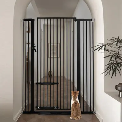 55.1" Extra Tall Pet Gate, 29.5-40.6" Extra Wide Cat Gate, With Adjustable Cat Door, Pressure Mounted Easy Walk Through Pet Gate with Door for Stairs, Doorways, Kitchen, Pet Gate, Black, Mother's Day Gift