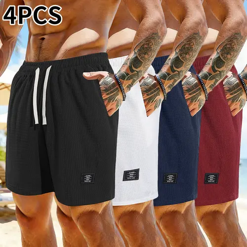 Pack of 4 corduroy shorts, solid color, men’s casual shorts with side pockets and a drawstring elastic waistband, suitable for everyday wear and vacations, beige, men’s shorts,summerwins