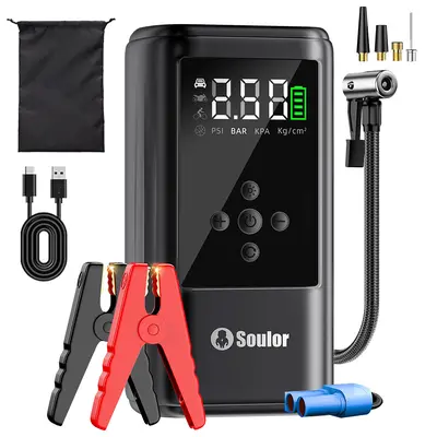 Soulor 4-in-1 Car Jump Starter with Air Compressor & 160PSI Tire Inflator, Portable Power Bank, LED Light & SOS for Car Emergency & Outdoor Camping