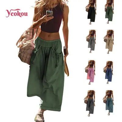 Yeokou Women's Loose Wideleg Track Capri Pants - Lady's Bottom with Boho Sport Style, Drawstring, Elastic Waist, Pockets, for Hiking, Casual Women's Clothes,summerwins,summeroutfits,vacationoutfits,beachoutfits