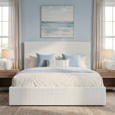 SHA CERLIN Corduroy Platform Bed Frame with Vertical Striped Velvet, Quiet Velcro Slats Box Base, No Box Spring Needed, Apartment Furniture (Full Size, Queen Sizes Available), Slatted Bed Base, Queen Bed Frame