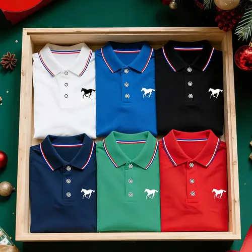 Men's Polo Shirt Set, Polo Style, Casual Fashion, Solid-Color Fitted Short-Sleeve Horse-Print Polo with Contrast Collar, Breathable Casual Summer Shirts for Daily Wear and Golf, Collared Polo Shirts, Menswear