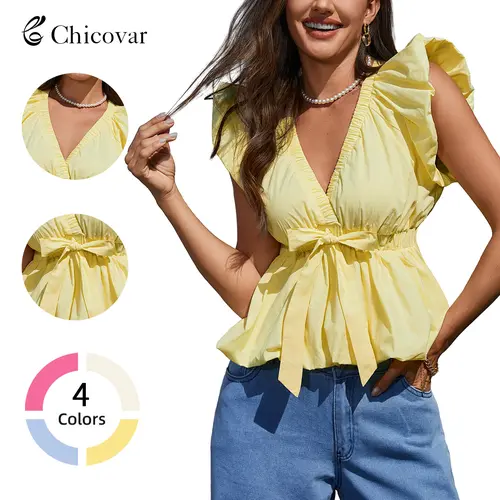 Chicovar Women’s Peplum Top, Deep V Neck, Puff Sleeve, Stretch Wasit, Trim Bow Front, Bubble Hem, Perfect for Concert, Datenight, Summervibes