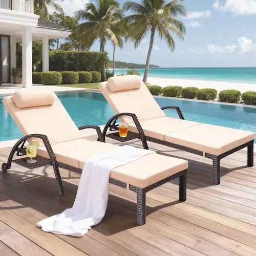 【Summervibes】Effortless Relaxation 400lbs Capacity Rattan Chaise Lounge Chair (2/4/6 Pack) – PE Wicker Patio Chair with Lockable Wheels & Multi-Angle Reclining Back, Includes Matching Side Table,outdoorfurnitureset