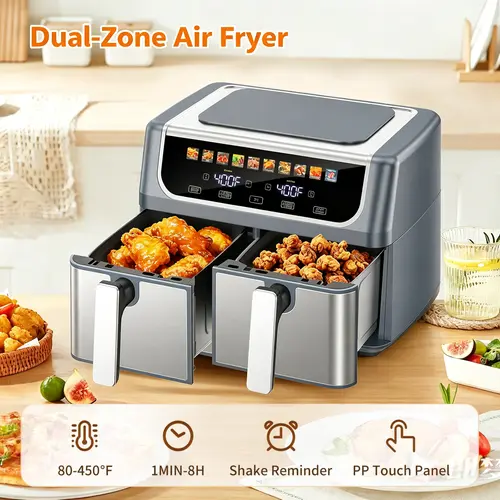 Sweetcrispy 9QT Dual Basket Digital Double Zone Air Fryer - 10-in-1 Smart Cooker, Adjustable Temperature Fryer, Kitchen Appliance, 2 Independent Nonstick Baskets with Easy View Windows, Sync Finish & Hi-Fry Functions, 200°F-450°F Range