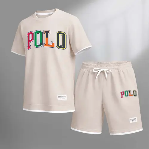 Men's Polo Print Drawstring Shorts Set For Spring/Summer. A Casual Summer Outfit, Including A Short-Sleeved Shirt And Shorts, Suitable For Everyday Wear And Sports. A Two-Piece Set For A Relaxed And Energetic Lifestyle. Crew Neck Crew Neck